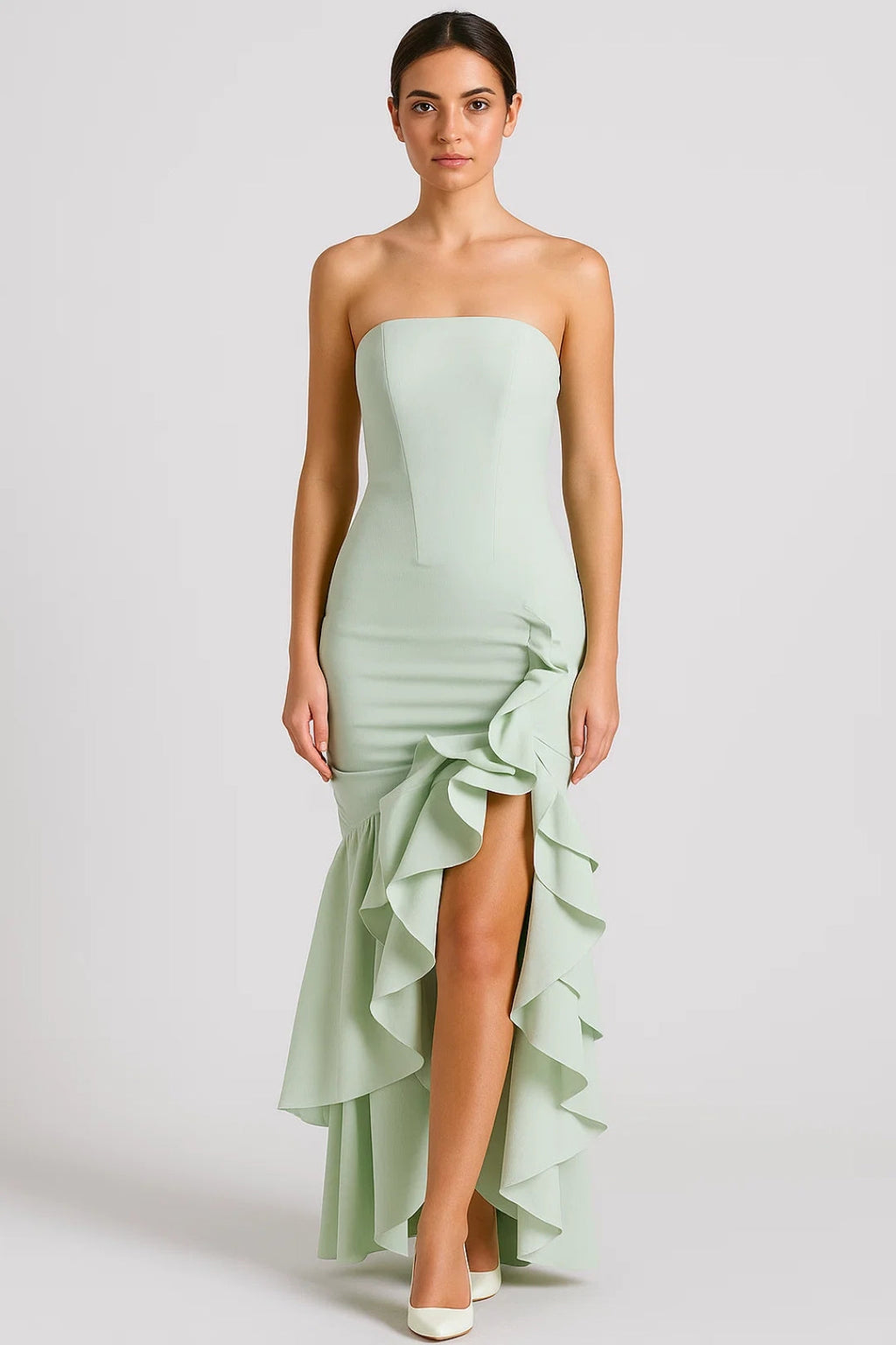 Lange strapless jurk met volant