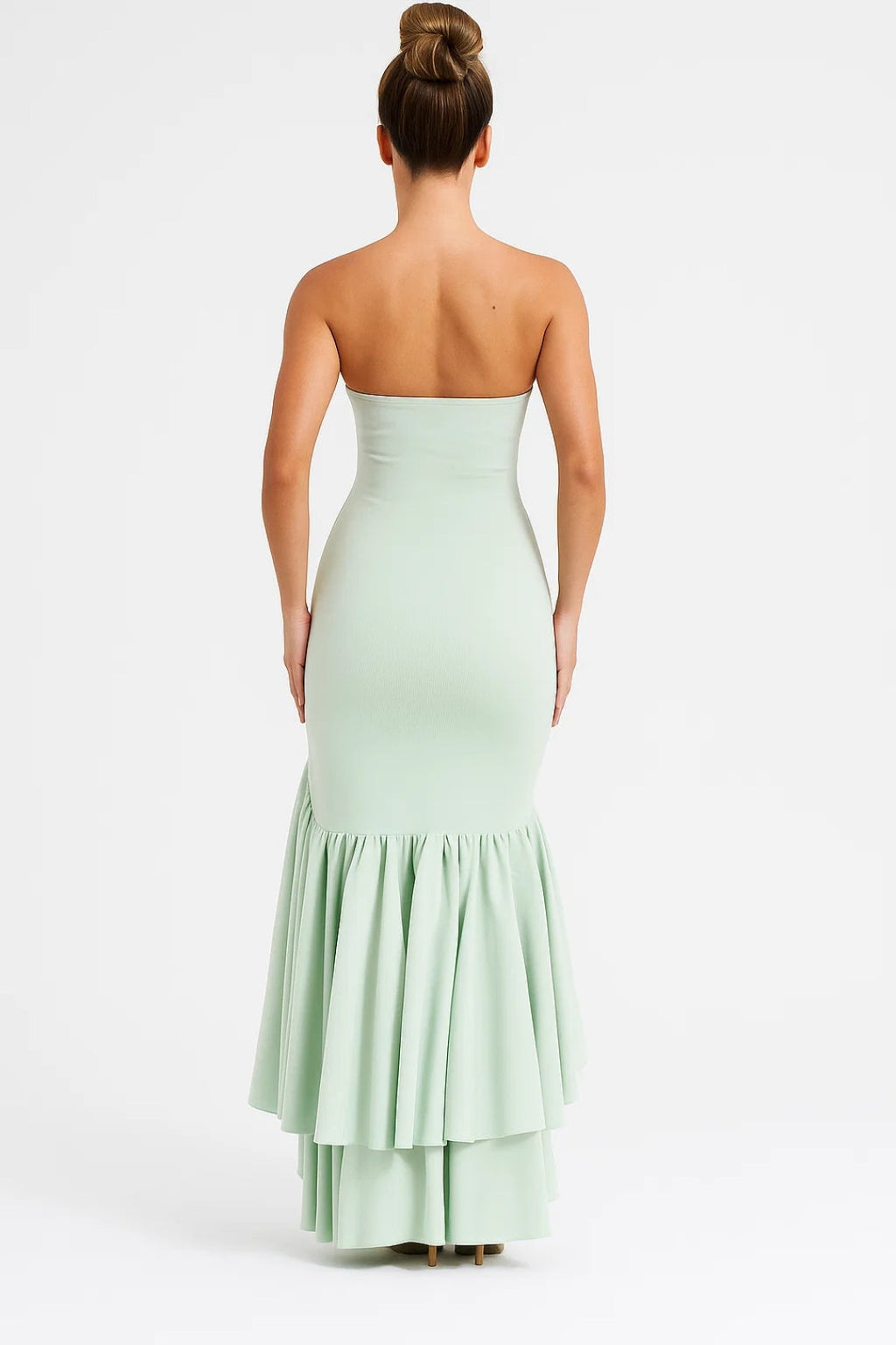 Lange strapless jurk met volant