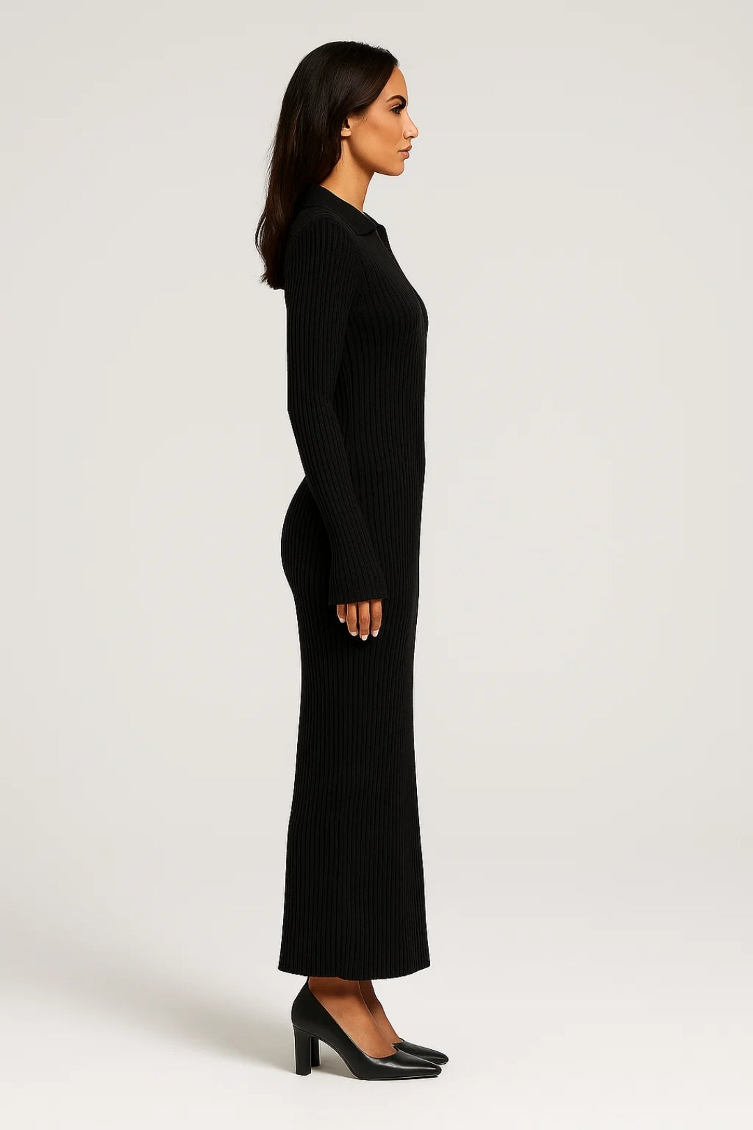 Lange ribgebreide jurk