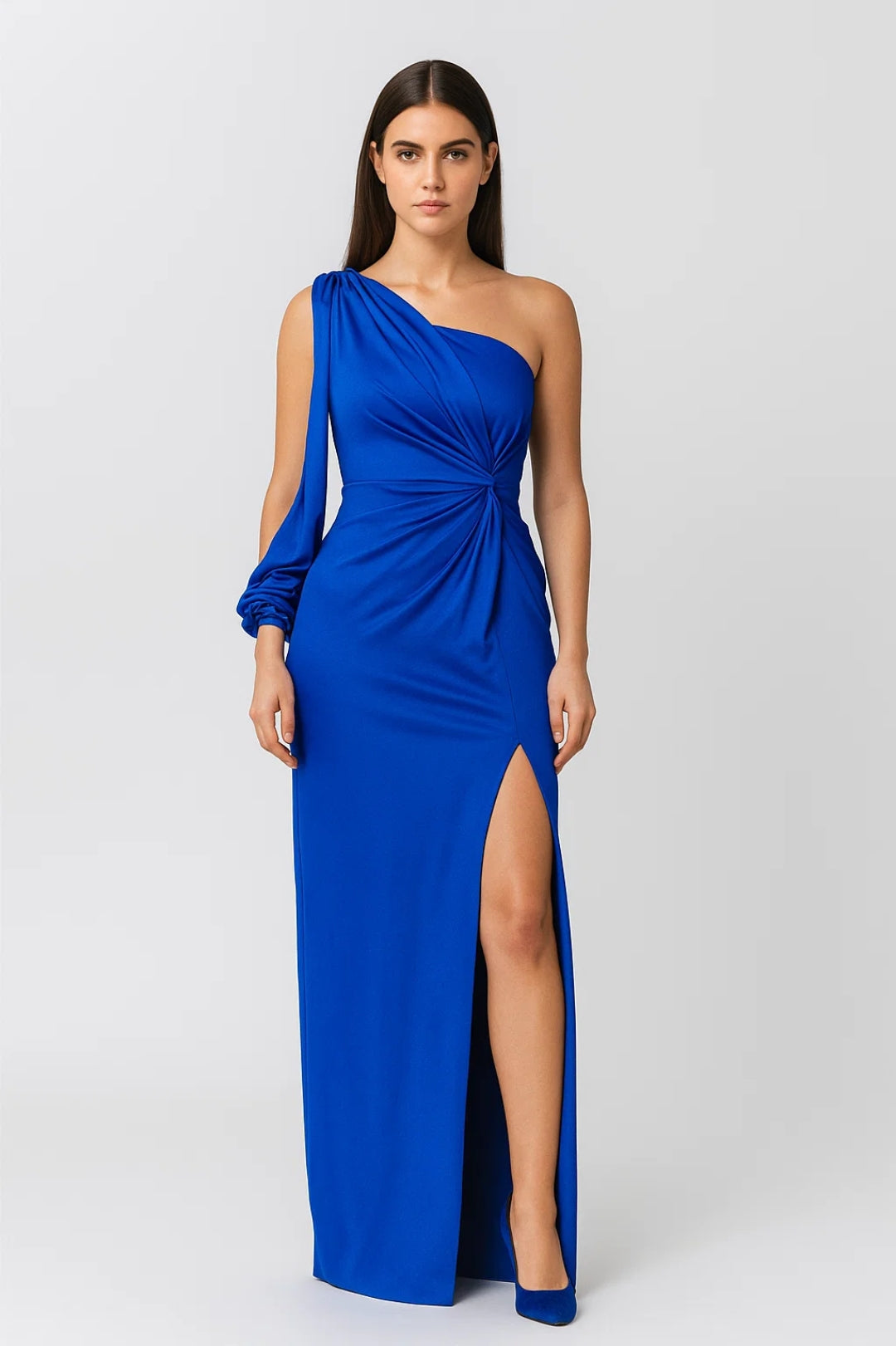 Lange one-shoulder jurk met knoopdetail aan de voorkant