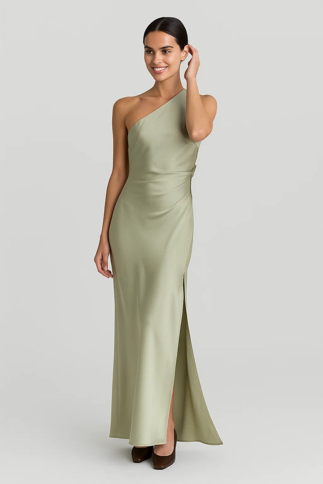 Lange one-shoulder jurk in saliegroen