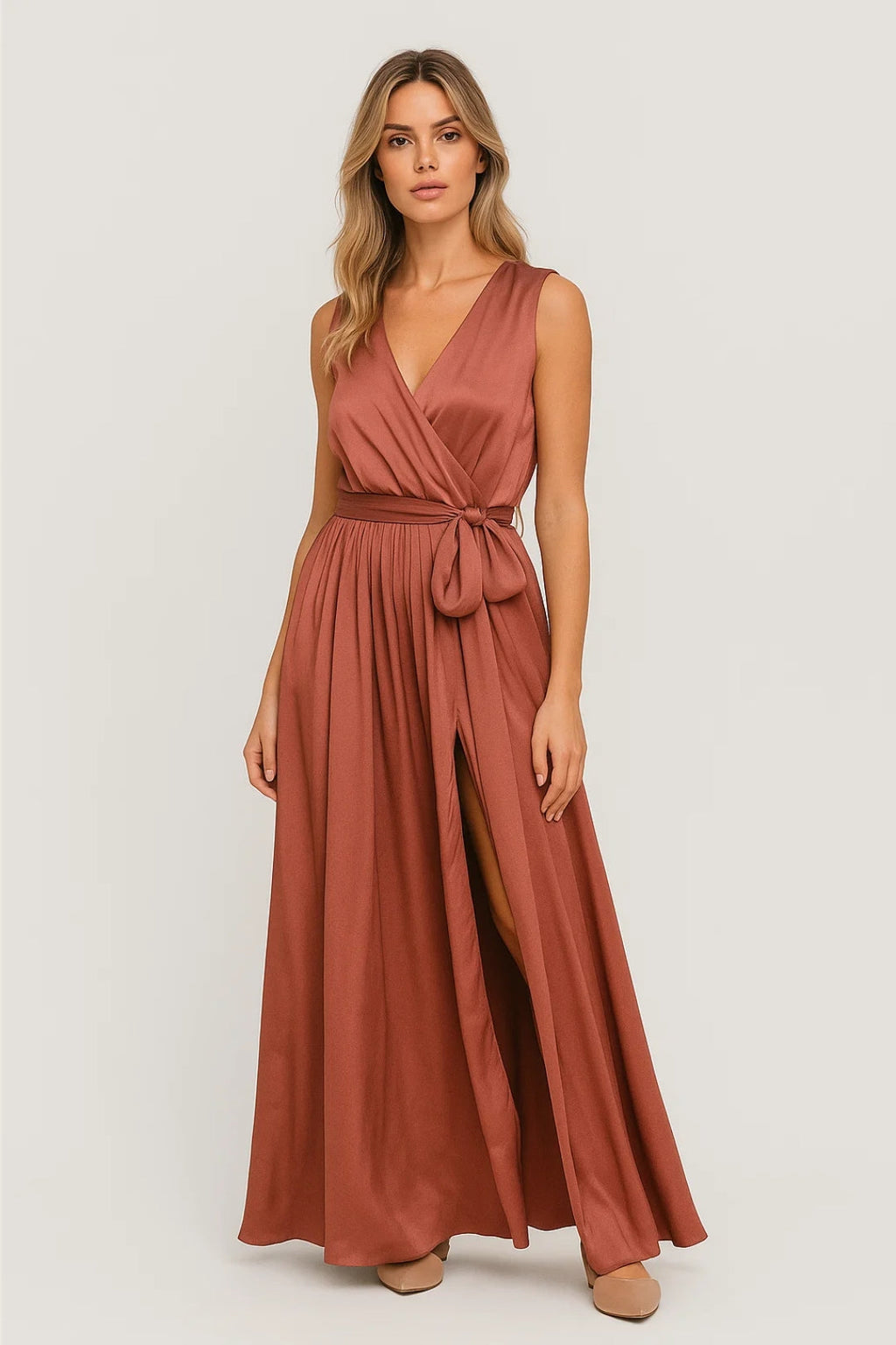 Lange terracottakleurige jurk met split