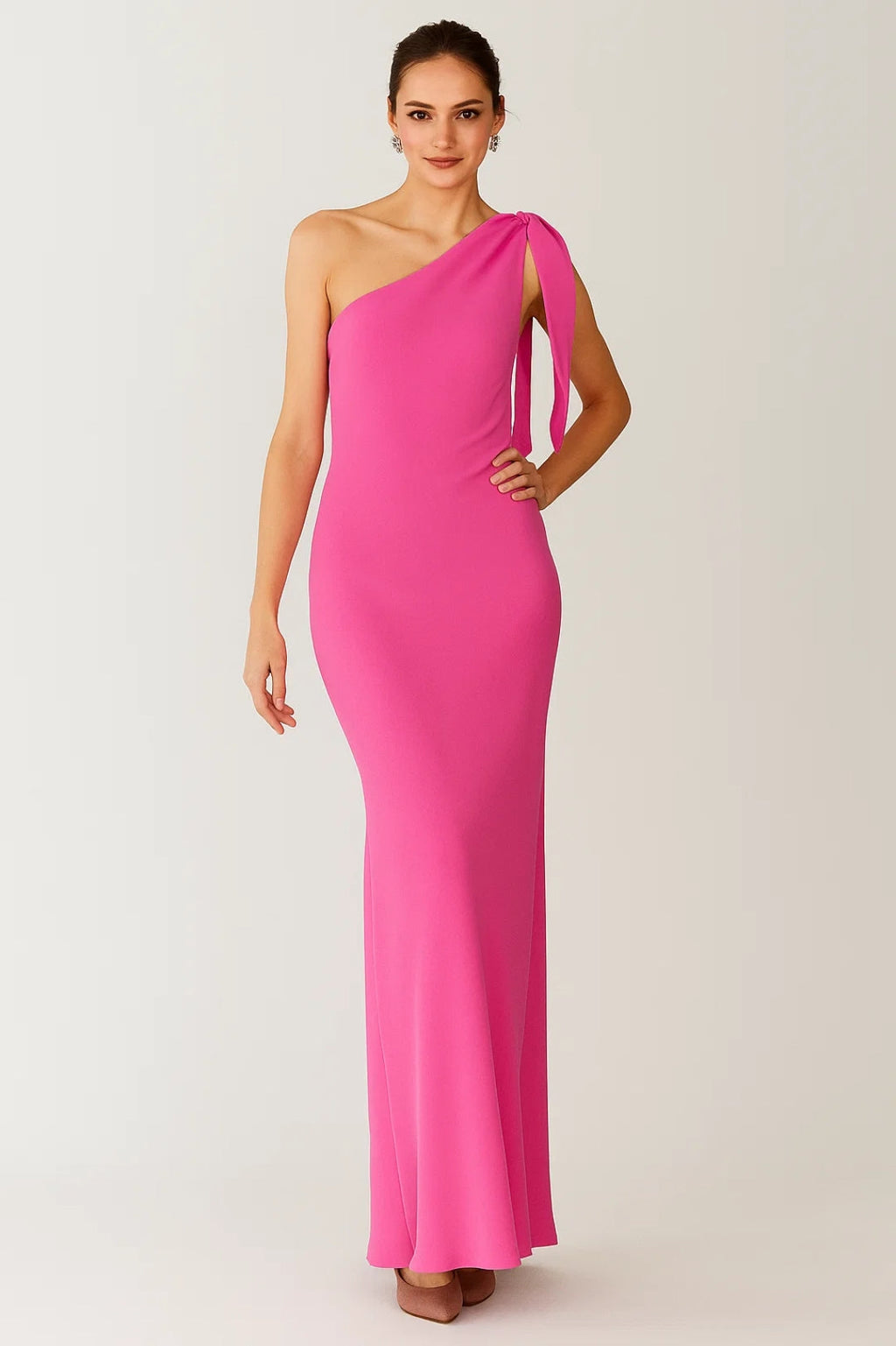 Fuchsia one-shoulder jurk met decoratieve knoop