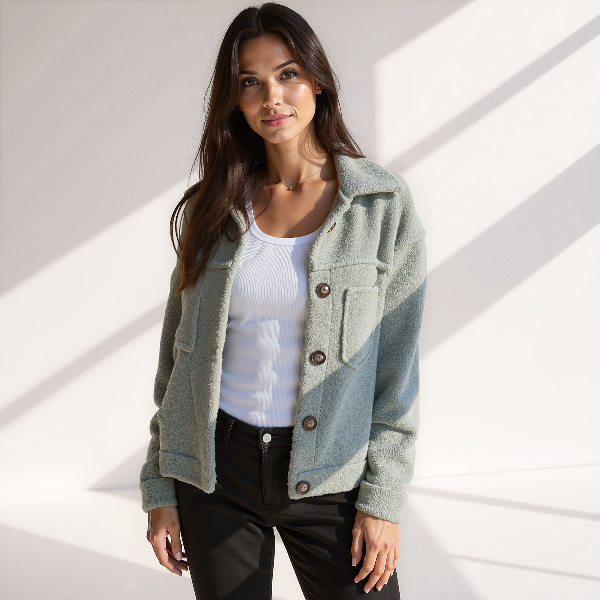 Trendy Zachte Dames Teddy Herfstjas met Knopen