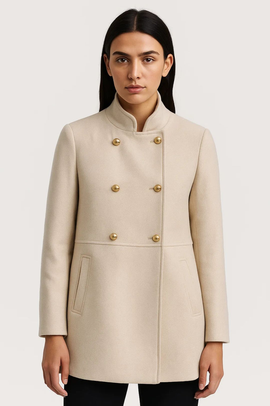 Damesjas met Gouden Knoopdetails en Opstaande Kraag