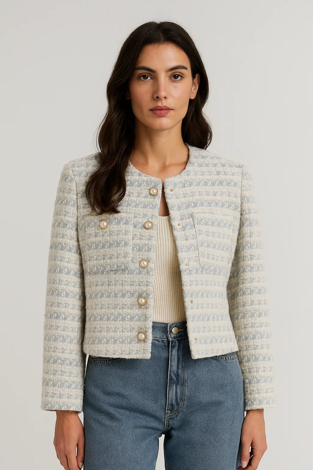 Damesjack met Parelknoopsluiting en Luxe Textuur