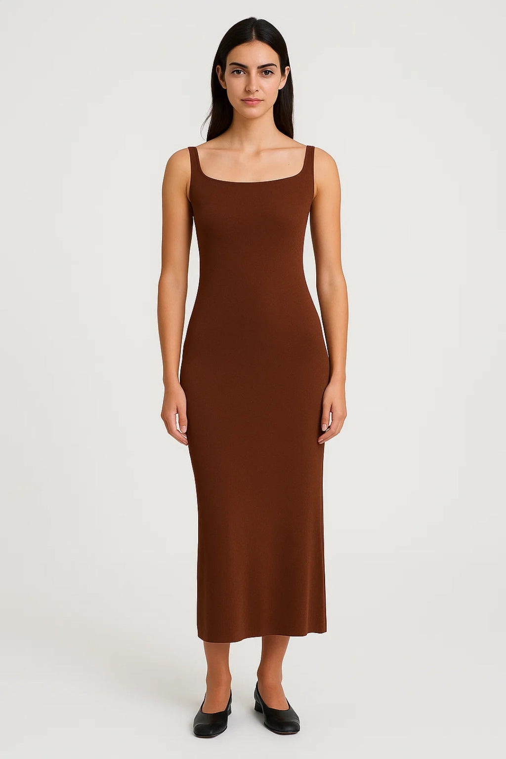 Lange bruine jurk met diepe rugdecolleté