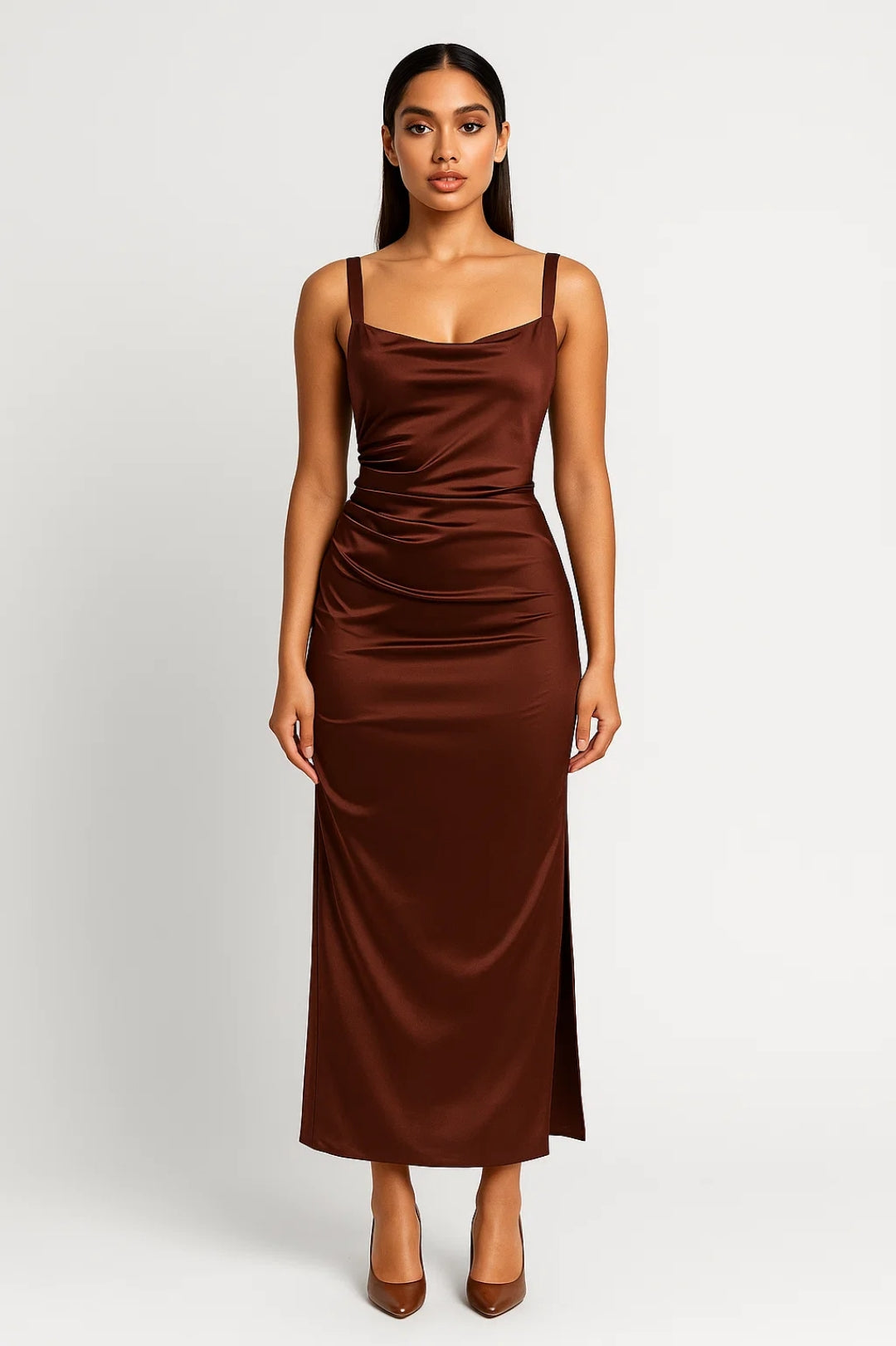 Lange jurk met dunne bandjes en zachte halslijn