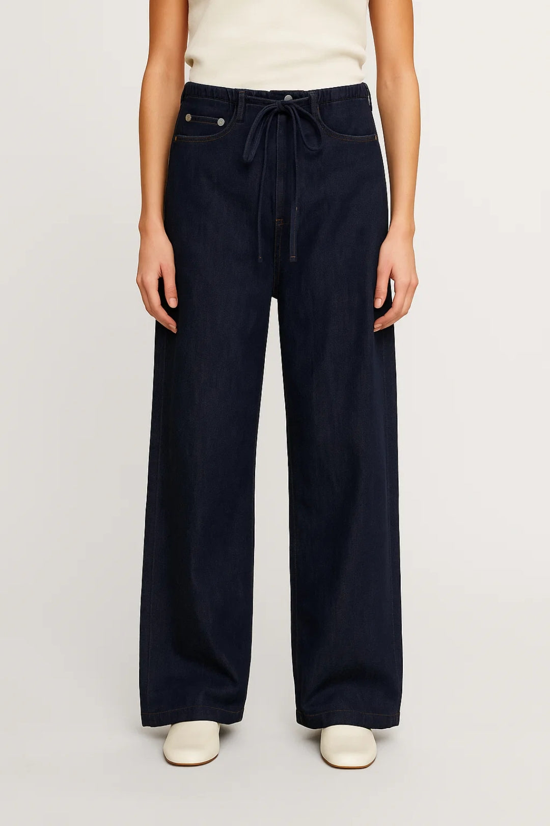 Denim broek met wijde pijpen en trekkoord